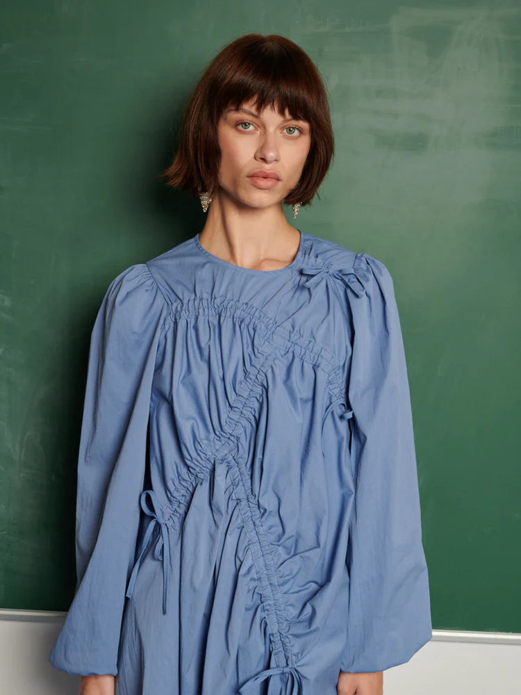 Mavi Büzgülü Elbise