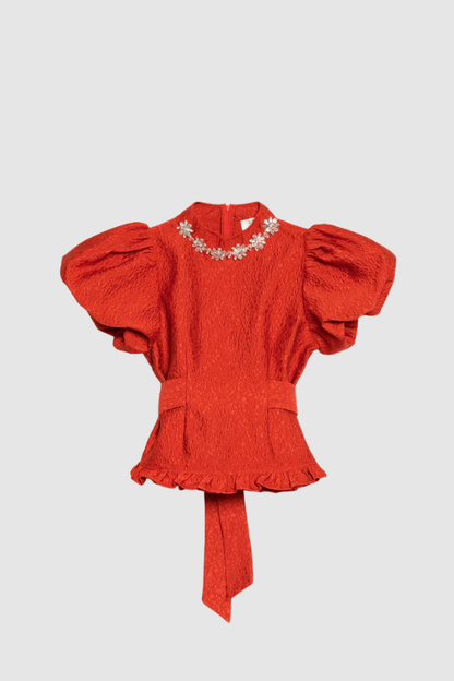 Kırmızı Jakarlı Bluz