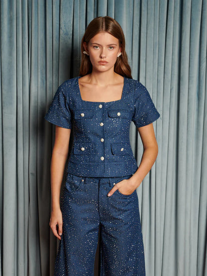 Kısa Kollu Denim Bluz