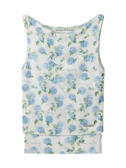 Ortanca Desenli Çift Katmanlı Tül Bluz