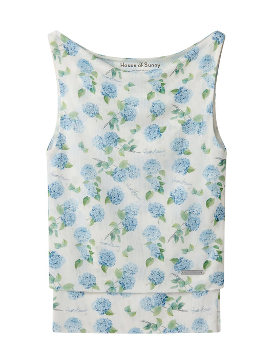 Ortanca Desenli Çift Katmanlı Tül Bluz