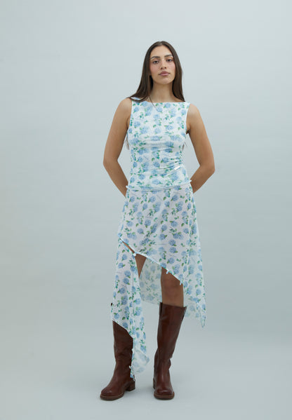 Ortanca Desenli Asimetrik Tül Etek