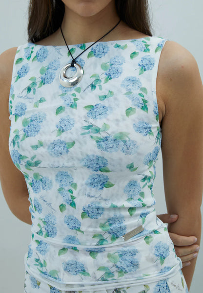 Ortanca Desenli Çift Katmanlı Tül Bluz