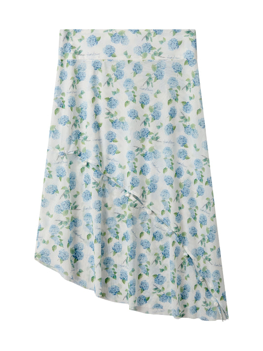 Ortanca Desenli Asimetrik Tül Etek