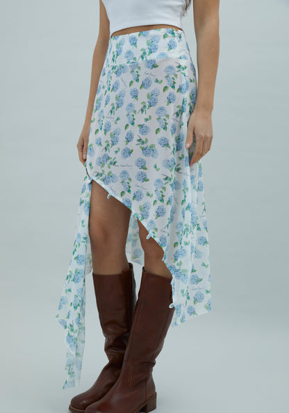 Ortanca Desenli Asimetrik Tül Etek