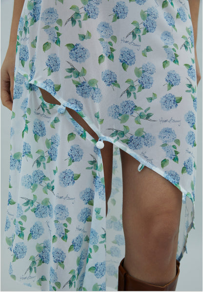 Ortanca Desenli Asimetrik Tül Etek